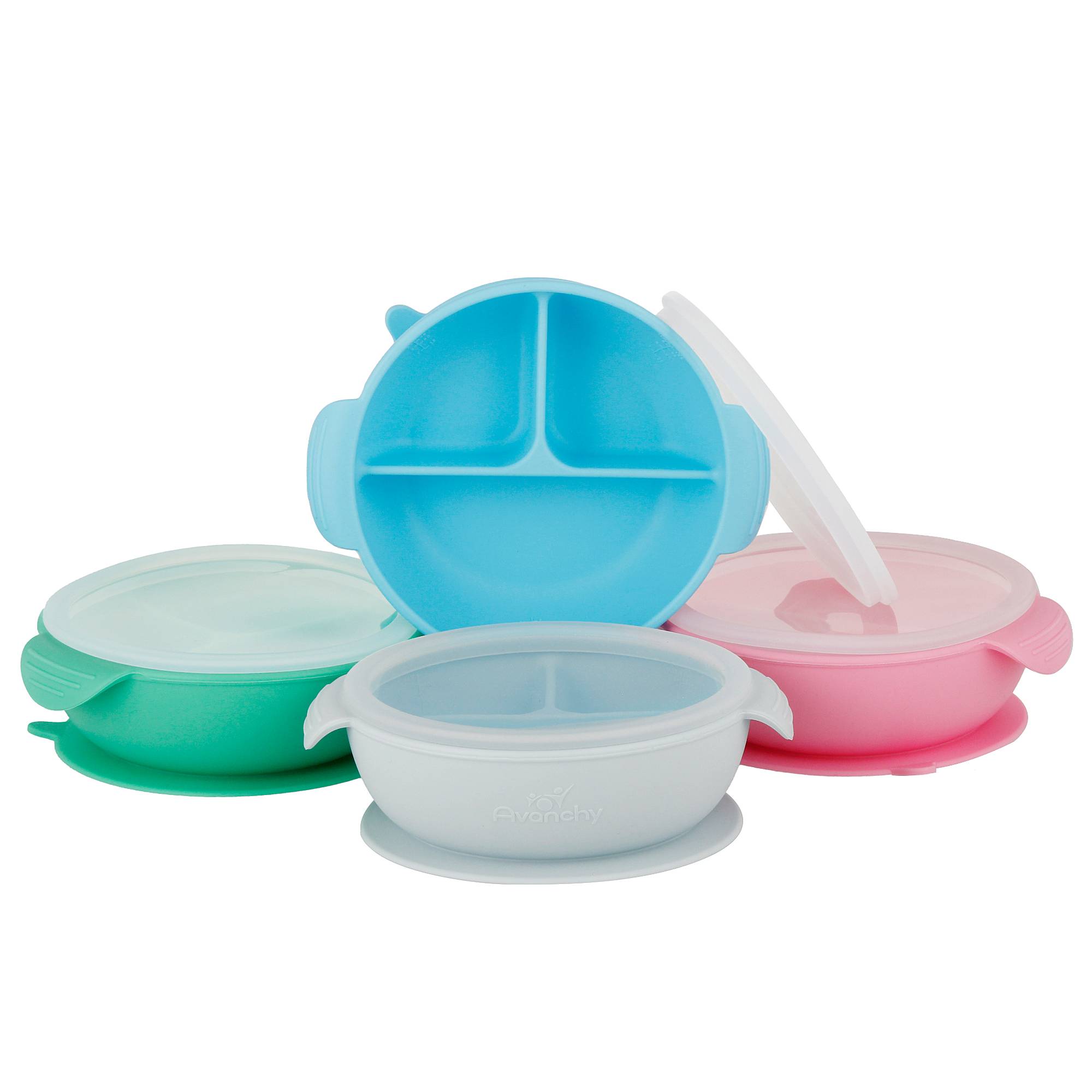 Avanchy Silicone Suction Divided Baby Bowl + Lid Green